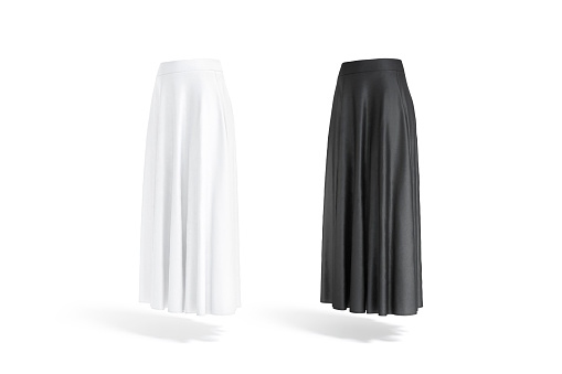 Blank black and white women maxi skirt mockup, side view, 3d rendering. Empty classic long tube dress mock up, isolated. Clear asymmetric cotton sarong or gown for woman summer outfit template.