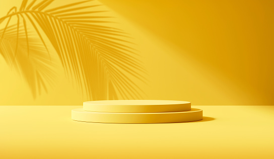 Podio de verano amarillo stand plataforma de fondo exhibición de producto de escena de escenario geométrico de pedestal 3D vacío o exhibición de plantilla de maqueta tropical y estudio cosmético de belleza natural en el fondo de vacaciones. photo