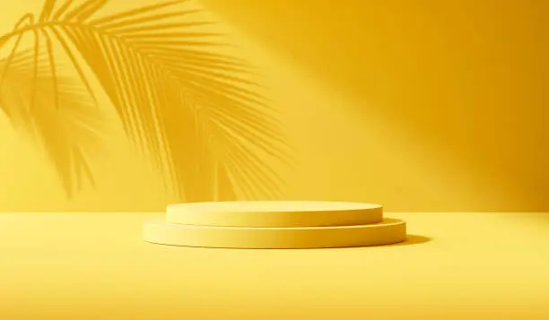 Summer podium yellow stand platform background product display of empty 3d pedestal geometric stage scene or tropical mockup template showcase and natural beauty cosmetic studio on holiday backdrop.
