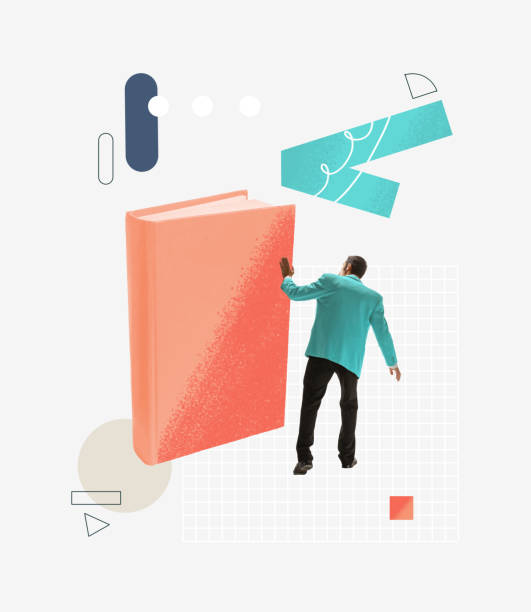 istock Creative design. Man sticking out giant book symbolizing power of knowledge and interest of new information 1386840730