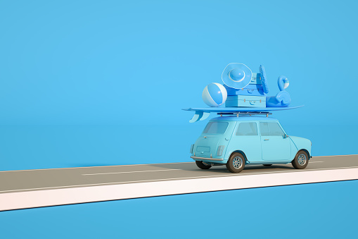 3d rendering of Road to Summer Holiday and Travel Concept with Car. Minimal Design. Blue Background.