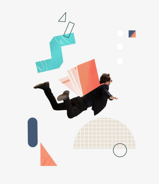 istock Contemporary art collage. Man flying with book symbolizing parachute backpack 1386840734
