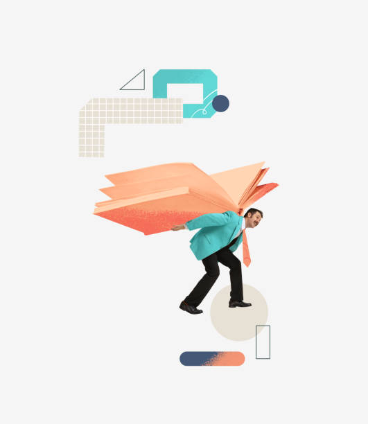 istock Contemporary art collage. man carrying on his back giant and heavy book symbolizing hard work will help in hard times 1386840743