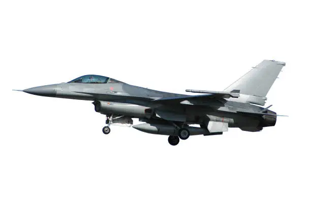 F-16 warplane isolated on a clean white background.