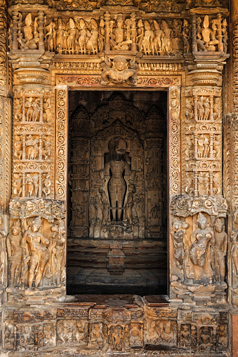 Inner view of Javari temple Hindu temple dedicated to Vishnu with broken and headless Vishnu statue inside, Khajuraho, India