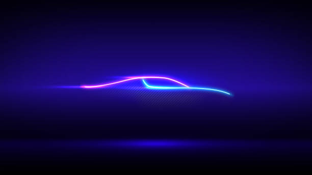 Neon glowing car silhouette. Neon sign wall branding. Modern led car silhouette in side view on dark wall background. Carbon body. Blue pink banner, logo, advertising design. Vector illustration Neon glowing car silhouette. Neon sign wall branding. Modern led car silhouette in side view on dark wall background. Carbon body. Blue pink banner, logo, advertising design. Vector illustration car show stock illustrations