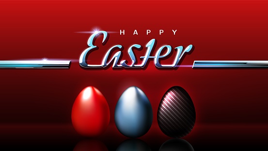 Happy Easter. Easter card in car style. Shiny chrome logo. Painted egg. Chrome, carbon eggs on background a red car body. Auto theme. Greeting card for spare parts suppliers, dealers, custom. Vector