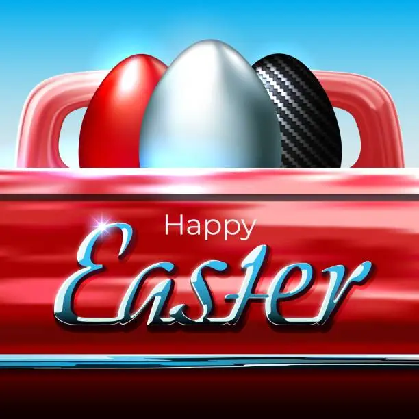Vector illustration of Happy Easter. Easter card in car style. Painted egg. Shiny chrome logo. Chrome, carbon eggs in a red pickup truck. Greeting card for spare parts suppliers, car dealers, custom. Auto theme. Vector