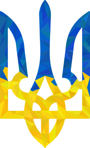 ilustraciones, imágenes clip art, dibujos animados e iconos de stock de emblema nacional ucraniano texturizado tridente tryzub bajo poligonal - ukraine trident ukrainian culture coat of arms