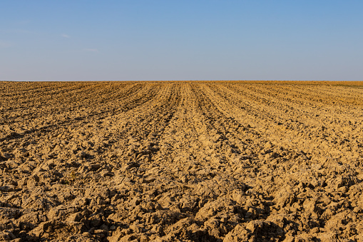 Landscape with plowed field with focus on foreground and horizon over land