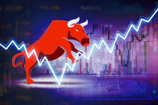 istock Red bull standing with growth finance arrow 1386847990