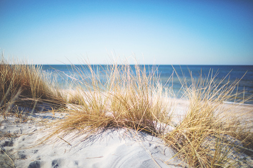 Holidays in Poland - aerial vief of Baltic seashore in  in Rewal, small tourist resort in west pomeranian voivodeship