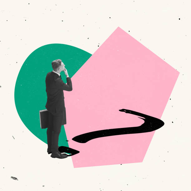 istock Creative design. Desperate employee, office worker standing near question mark symbolizing business struggles and options 1386848720