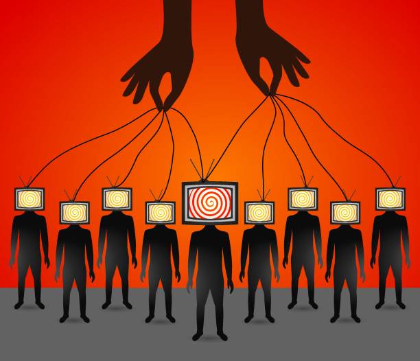 ÐÐ¾Ð±Ð¸Ð»ÑÐ½Ð¾Ðµ ÑÑÑÑÐ¾Ð¹ÑÑÐ²Ð¾ people with a TV instead of a head controlled by the hands of a puppeteer. the concept of the influence of the media and propaganda on a person's worldview. vector illustration. zombie tv propaganda stock illustrations