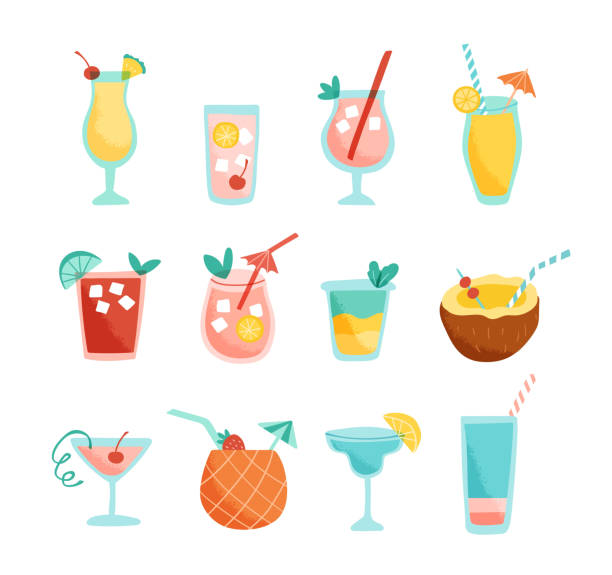 Vector set of hand drawn tropical cocktails Vector set of tropical cocktails. Collection of hand drawn drinks for summertime in trendy retro style. Isolated design elements on white background. drink umbrella stock illustrations