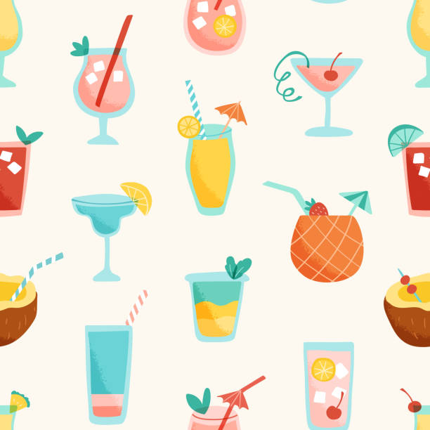 Seamless pattern with tropical cocktails Seamless pattern with tropical cocktails. Vector illustration of summer vacation drinks in trendy retro style. Swatch is included. cocktail patterns stock illustrations