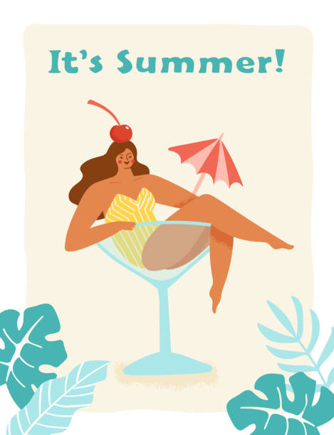 Young girl with a cherry and an umbrella in a big cocktail glass. Young girl with a cherry and an umbrella in a big cocktail glass. Vector illustration of an exotic summer vacation concept. Hand drawn poster or banner template in trendy retro style. drink umbrella stock illustrations