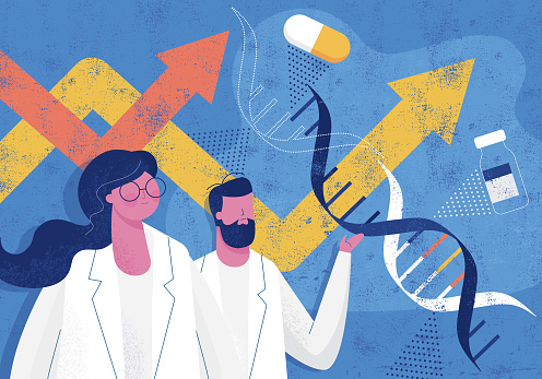Flat vector textured illustration representing male and female scientist and concept of increasing pharmacogenomics researches.