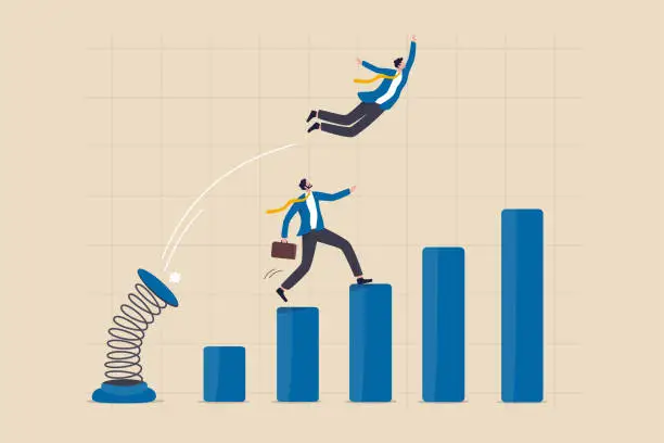Vector illustration of Competitive advantage or innovation to outsmart and overtake business winning, strategy or smart way to win business or career growth concept, businessman jumping springboard to outsmart competitor.
