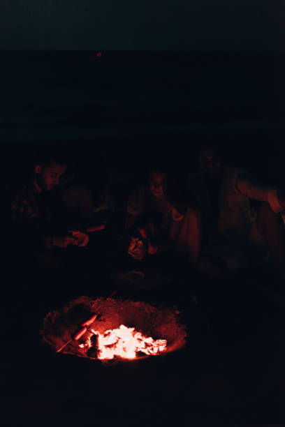istock Roasting sausages on campfire with friends 1386852519