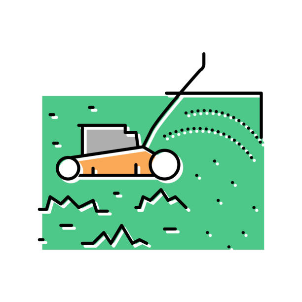 illustrazioni stock, clip art, cartoni animati e icone di tendenza di taglio erba con tosaerba colore icona illustrazione vettoriale - rotary mower illustrations