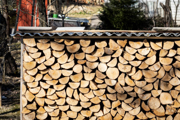 Stacked firewood. Dry birch blocks. Heating and renewable energy sources.
