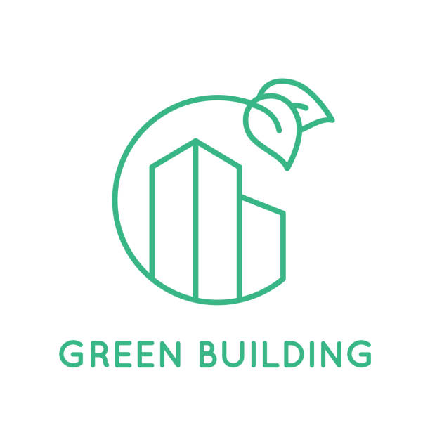 grünes gebäudeliniensymbol. wohnhaus im kreis mit blättern. - nachhaltig bauen stock-grafiken, -clipart, -cartoons und -symbole