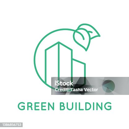 istock Green building line icon. Residential building inside circle with leaves. 1386856753
