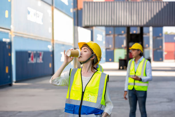 foreman or worker work at container cargo site check up goods in container. foreman or worker checking on shipping containers. logistics and shipping - 16636 imagens e fotografias de stock