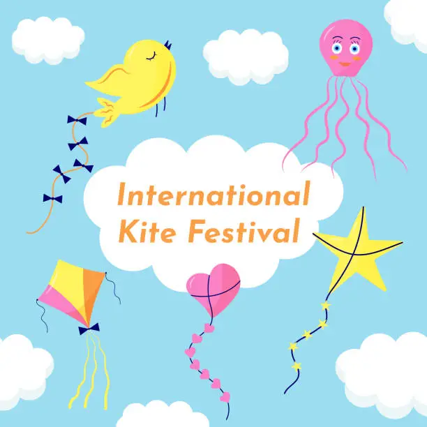 Vector illustration of International Kite Festival postcard. Kites in the sky among clouds.