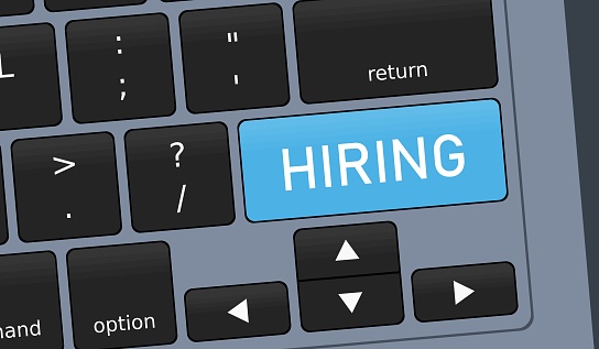 Hiring key on laptop keyboard. Concept vector illustration. Job recruitment.