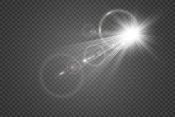 Special lens flash, light effect. The flash flashes rays and searchlight. illust.White glowing light. Beautiful star Light from the rays. The sun is backlit. Bright beautiful star. Sunlight. Glare.