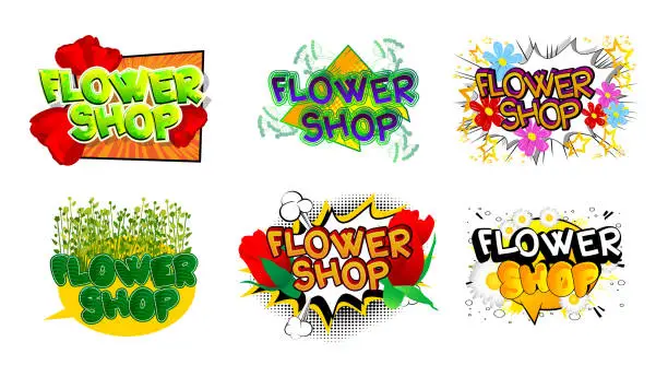 Vector illustration of Flower Shop. Comic book word text set on abstract comics background.