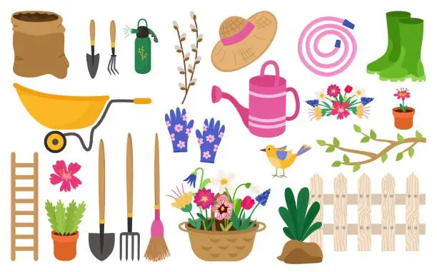 Vector illustration of Gardening spring bright set. Tools, gloves, wheelbarrow, shovel, broom, sprayer, fence, rubber boots, tree branch, flowers, basket, hat, watering can, willow. Vector items for agriculture.