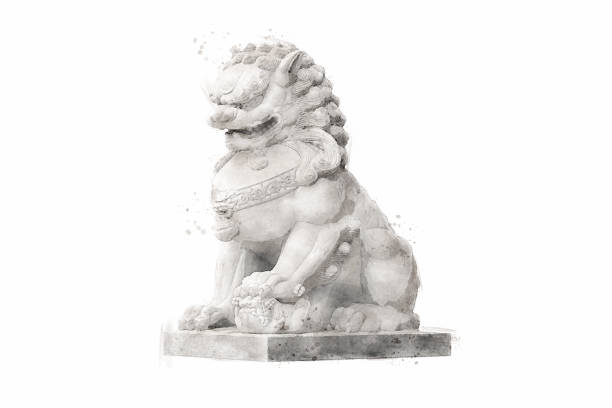 foo fu chien ou lion gardien chinois sur fond blanc. style aquarelle. - chinese temple dog photos et images de collection