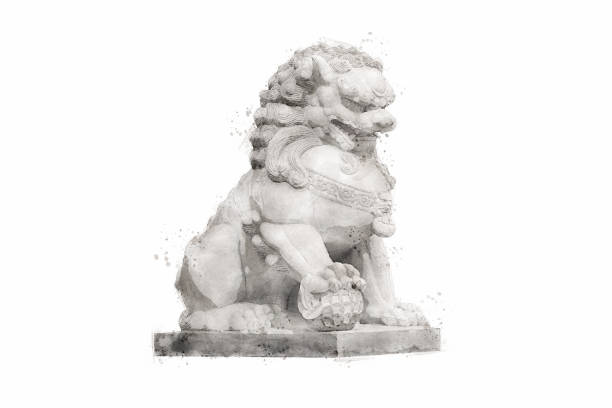 foo fu chien ou lion gardien chinois sur fond blanc. style aquarelle. - chinese temple dog photos et images de collection