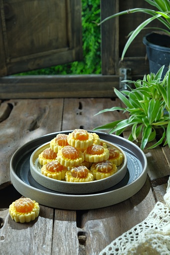 Pineapple tart or also known as Tart Nyonya are popular festive cookies during Hari Raya Aidilfitri in Malaysia. It taste great. selective focus .