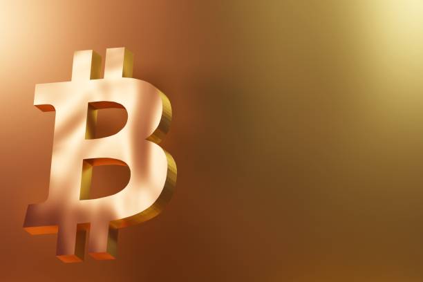 istock Golden flying bitcoin symbol on metallic background 3d illustration 1386864016