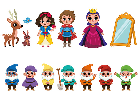 Fairy tale character set with princess, prince, evil queen and seven dwarfs. Vector illustration for kids.