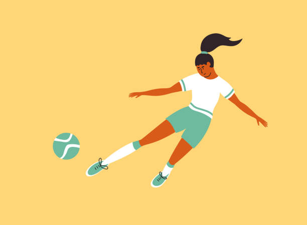 Isolated vector illustration of young female soccer player hits ball on yellow background Female soccer player playing ball on yellow background. Young woman in sport clothes training on football field. Womens soccer team girl hits ball leg. Women athlete game exercise vector illustration womens soccer stock illustrations