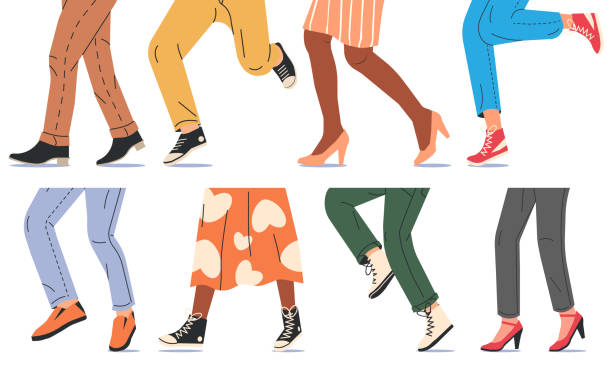 illustrazioni stock, clip art, cartoni animati e icone di tendenza di persone che camminano con scarpe moderne. - women shoe fashion dress