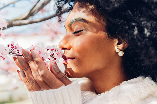 Hermosa mujer afroamericana oliendo el aroma suave, fresco y natural de las flores rosadas en primavera en flor. Concepto de suavidad, delicadeza, pureza, feminidad, sueño de relajación. photo