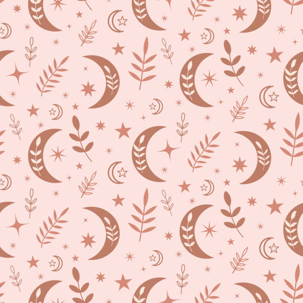 Floral Boho moon seamless pattern with leaves and stars Floral Boho moon seamless pattern with leaves and stars in earthy brown over  light cream  background . Great for textile, home décor, fabric and wrapping paper moon patterns stock illustrations