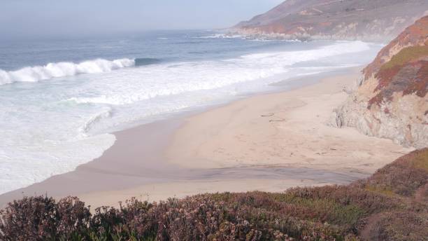 большие волны тихого океана разбиваются, пустой пляж побережья калифорнии, моря и гор - point lobos state reserve big sur california beach стоковые фото и изображения