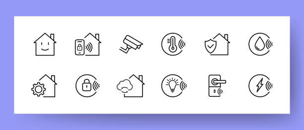 illustrations, cliparts, dessins animés et icônes de ensemble d’icônes de maison intelligente. icônes pour le contrôle du ventilateur, la caméra, les paramètres d’éclairage et l’humidité. concept technologique. vecteur eps 10 - symbol house computer icon icon set