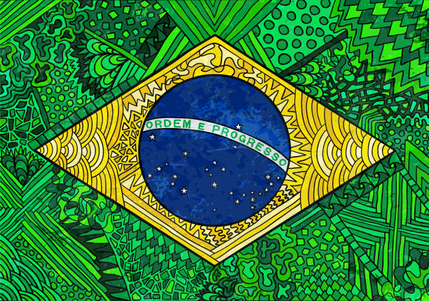 ブラジルの国旗。ブラジルとリオデジャネイロの民族国家シンボル。ゼンタングルフラグのイラスト。ブラジルのスポーツと文化。ウェブ、バナー、衣服、または印刷物のための手描きのエ� - rio de janeiro brazil jesus christ travel点のイラスト素材／クリップアート素材／マンガ素材／アイコン素材