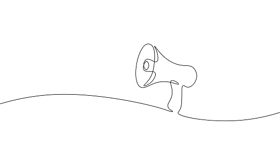 One line loudspeaker voting agitation. Notification mail continuous line art illustration sketch outline drawing vector. Crowd teamwork management.
