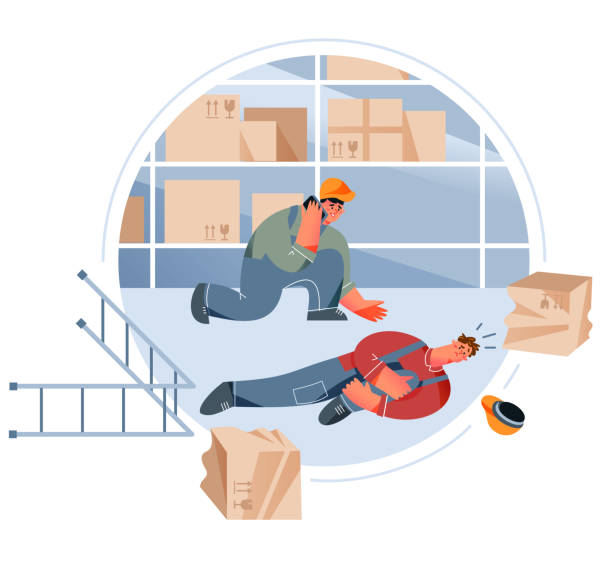 ilustraciones, imágenes clip art, dibujos animados e iconos de stock de accidente peligroso de almacén con trabajadores personas, emergencia en el lugar de trabajo de almacenamiento - physical injury
