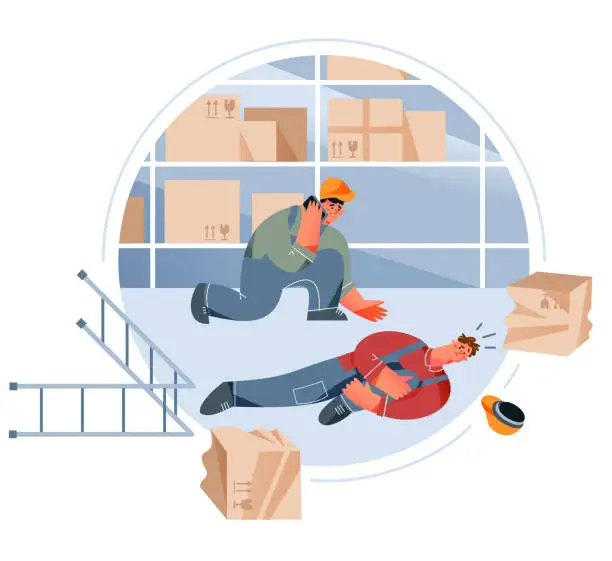 Vector illustration of Warehouse dangerous accident with workers people, emergency at storage workplace