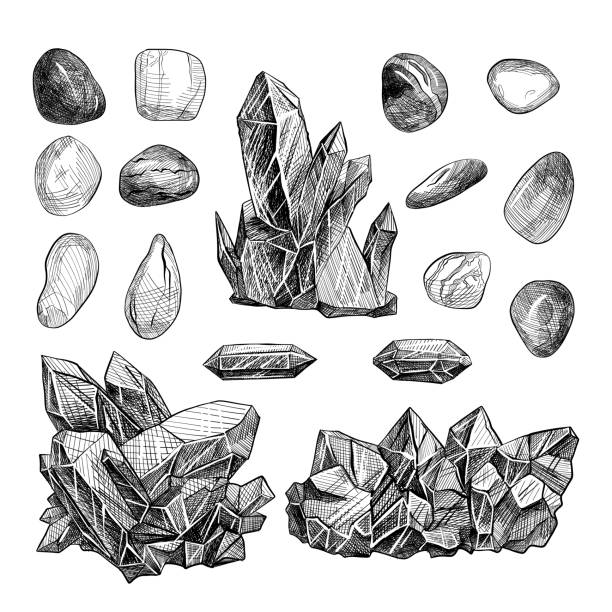ilustraciones, imágenes clip art, dibujos animados e iconos de stock de ilustración en blanco y negro cristales mágicos piedras de adivinación minerales minerales dibujados con forro o lápiz - mineral